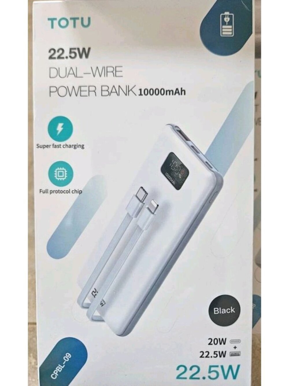 TOTU 10,000mAh Dual-Wire Black Power Bank 22.5W Fast Charging Factory Sealed
